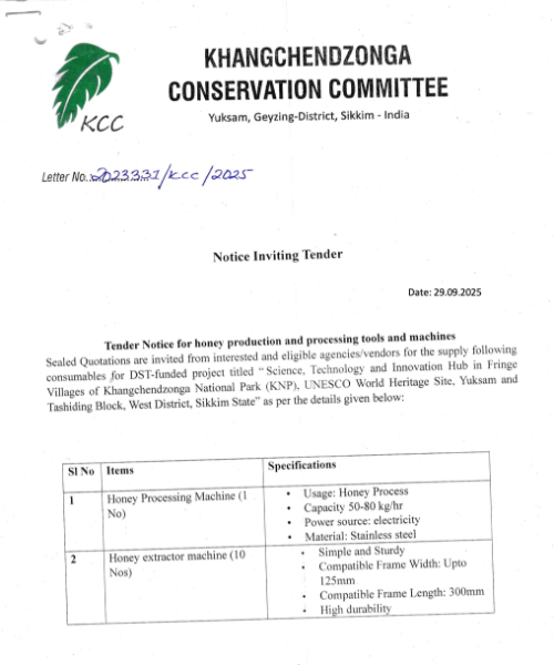 Notice Inviting Tender for supply of honey production and processing tools and machines